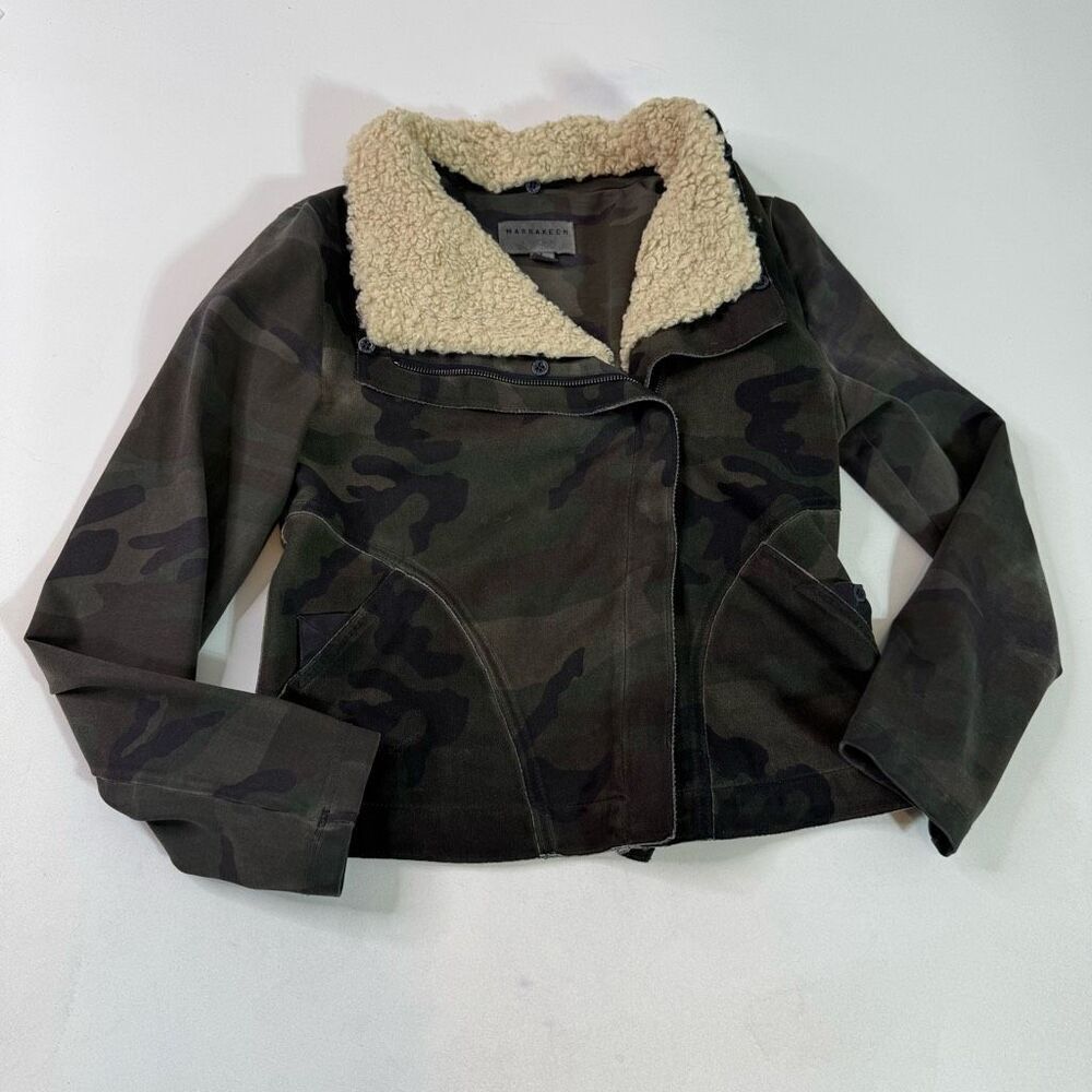Anthropologie‎ Marrakech Moto Jacket Womens Small Green Camo Faux Suede Sherpa